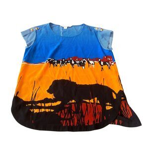 Diane Von Furstenberg Blouse Top Women's 6 Colorful African Savanna Lion Print